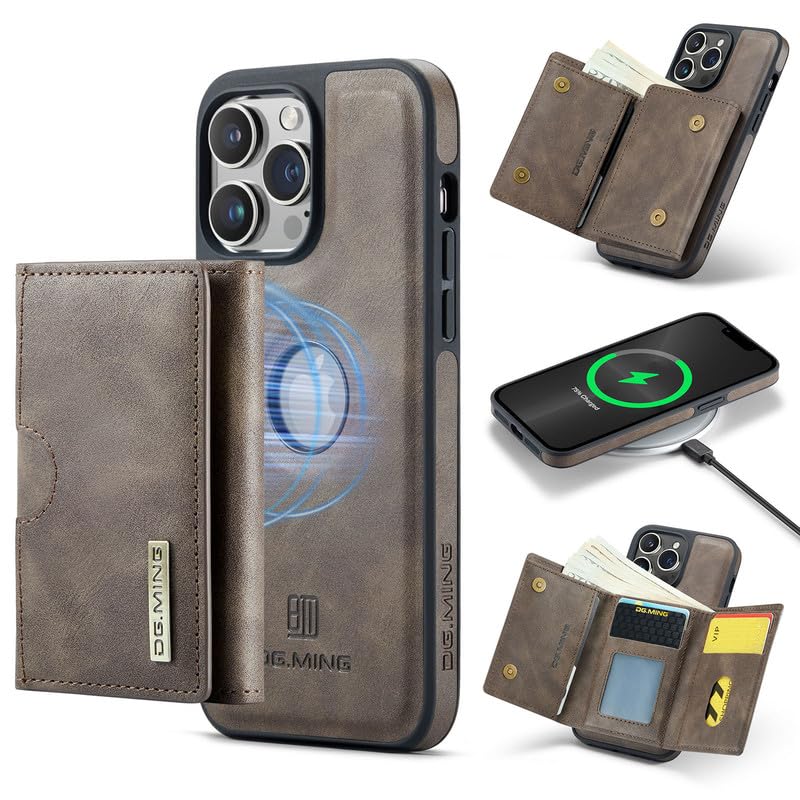 Étui iPhone 13 Pro Max portefeuille anti-piratage RFID en cuir café aimanté 2 en 1