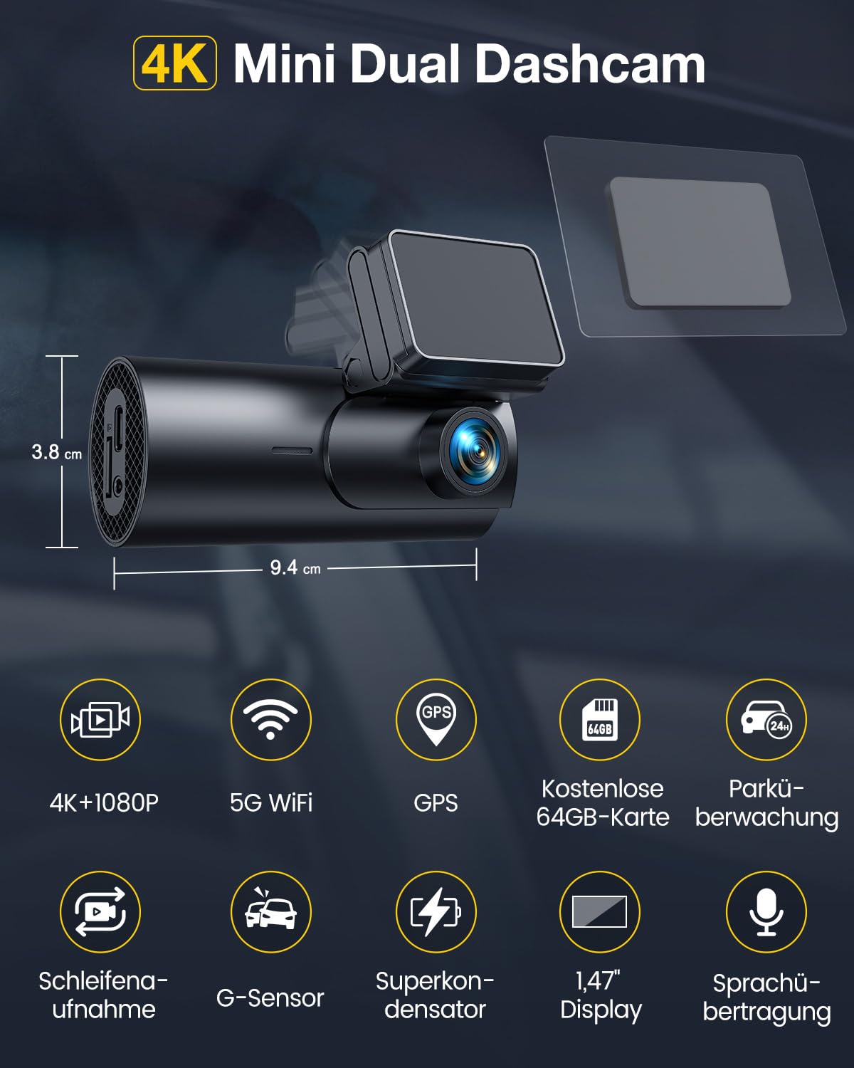 GKU 4K Dashcam Auto Vorne Hinten, 5GHz WiFi GPS, Dual Dash Cam, 1.5" IPS Mini Auto Kamera mit 64GB SD Karte, Parküberwachung, Super Nachtsicht, WDR, 170° Weitwinkel, G-Sensor, APP Steuerung