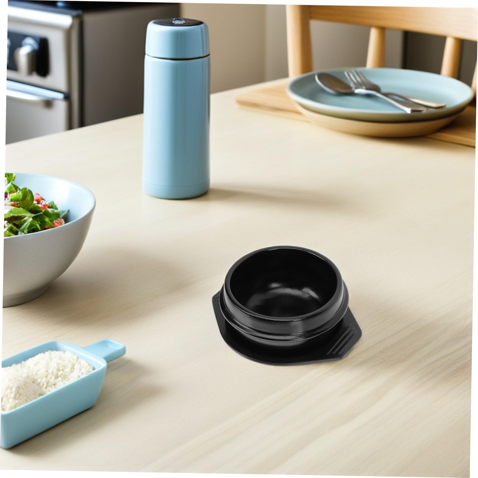 Bol Chaud en Pierre Coréenne 2pcs 800ml en Céramique avec Plateau, Bol à Bibimbap Noir Classique, Cuisson Sûre Cuisine Maison et Restaurant