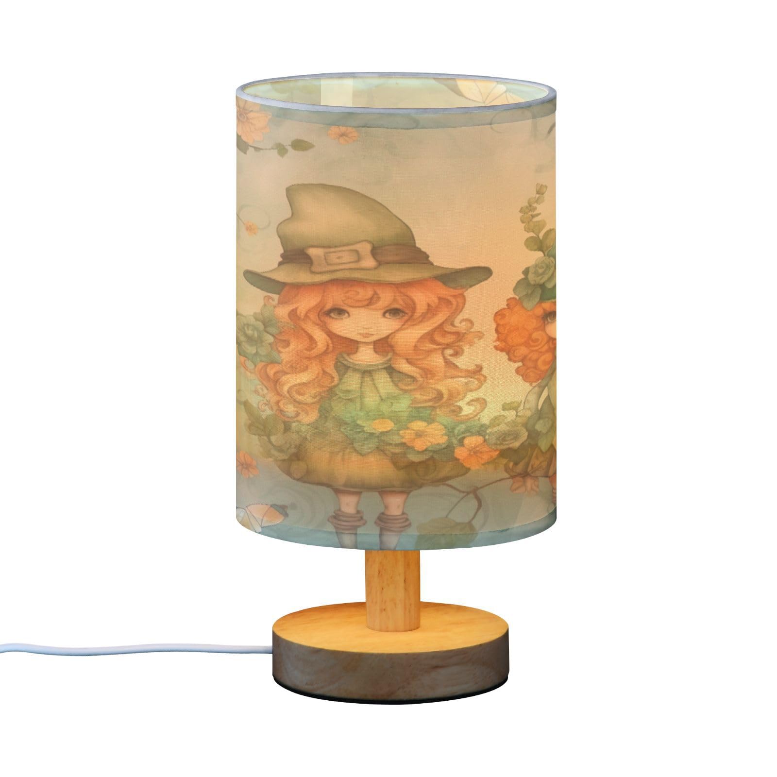 SDMKA Cartoon Shamrock Gnome Bedside Table Lamp for Bedroom, Minimalist Nightstand Lamp with Round Fabric Shade for Living Room, Office, No Bulb Required