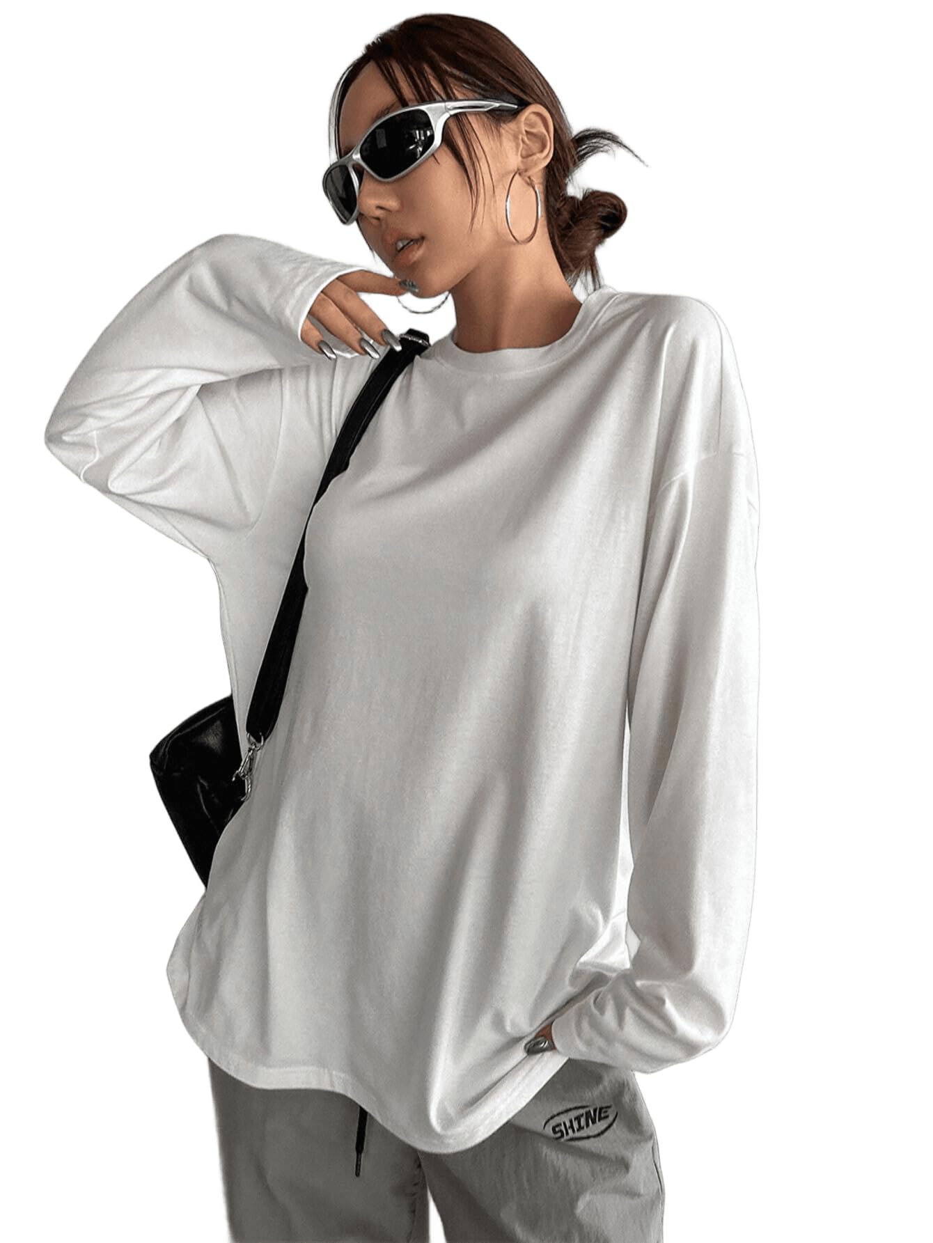 sxv style SXV Plain White Drop Shoulder Tshirt Cool Aesthetic Oversized Full Sleeves Baggy T-Shirt-picture-29