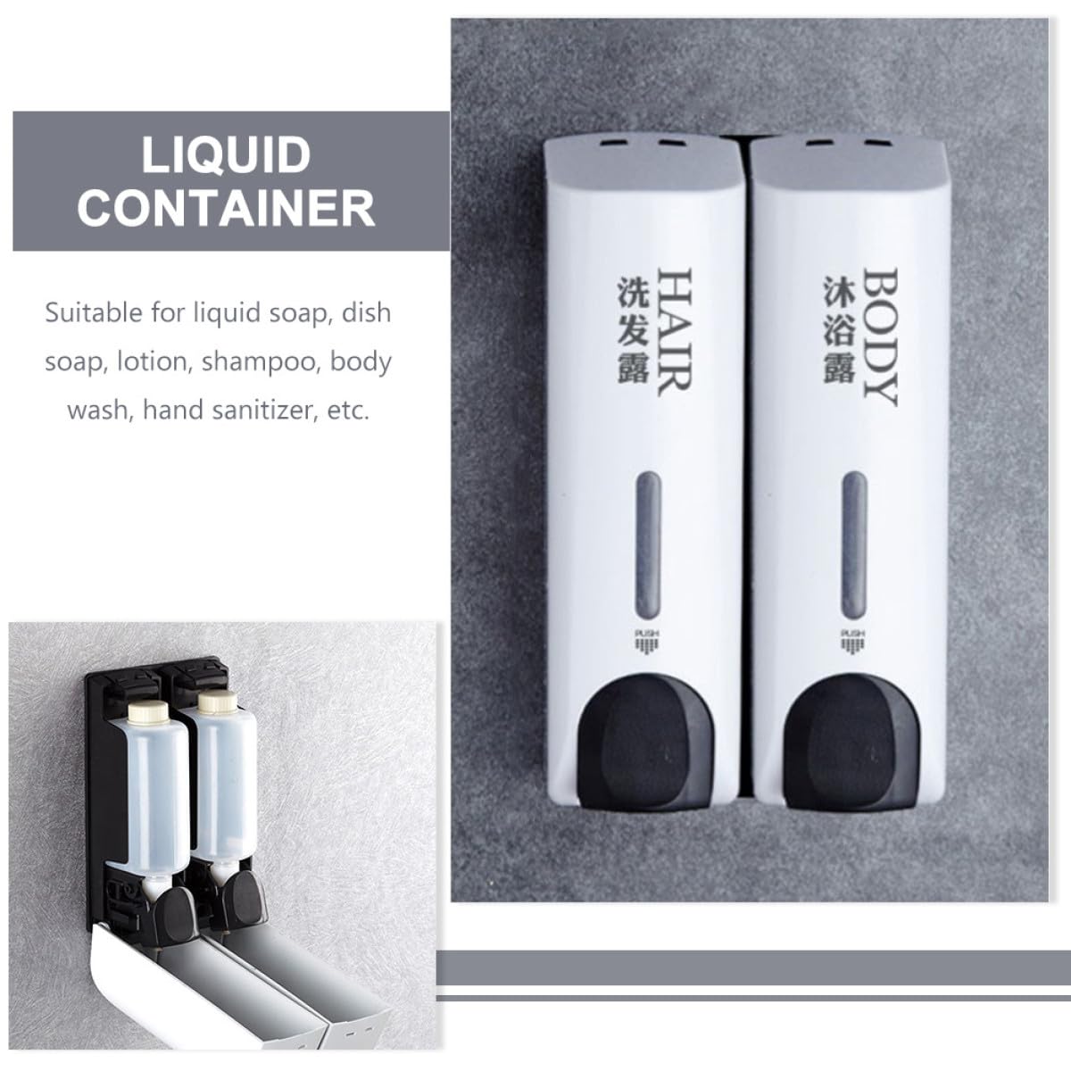 Dispensador de Champú y Gel de Ducha para Pared sin Taladro, Doble Cabeza, Plástico Resistente, Color Claro con Texto, Recargable para Baño y Hotel, Dispensador Manual de Loción