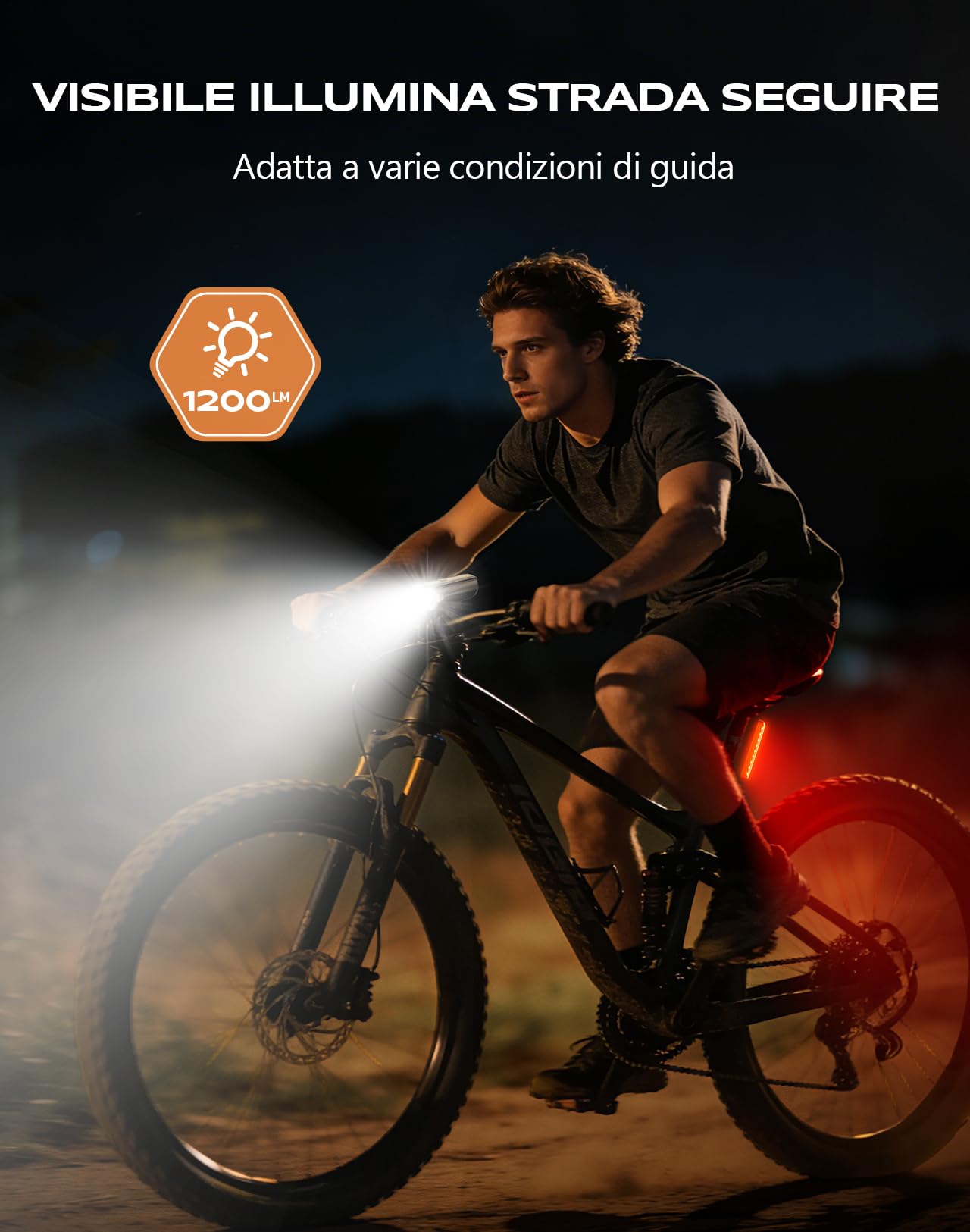 CIRYCASE Luci Bicicletta LED 1200 Lumen, 2600mAh Luce Bici Ricaricabile USB Lunga Durata, 3+5 Modalità Luce Set Anteriore Posteriore Ciclismo Montagna, IP65 Impermeabile Auto Luci Avviso Emergenza