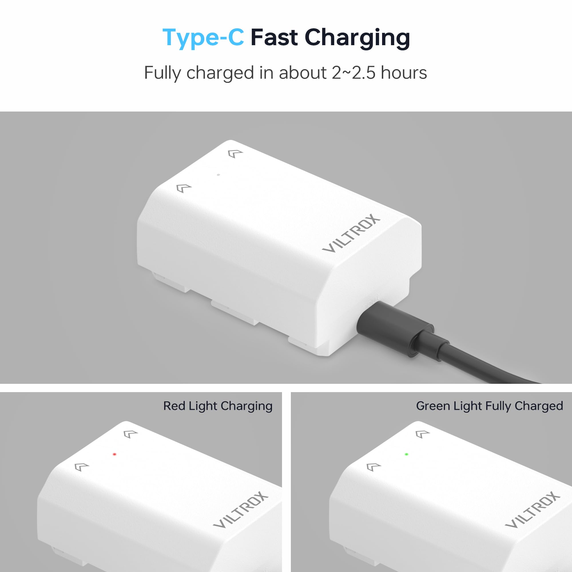 VILTROX 2 Pack NP-FZ100 Batería de Repuesto para cámara de 2400mAh Recargable con USB-C Carga Rápida de 2,5 Horas Compatible con Sony A7R IV, A7R III, A7 III, A7C, A7C II, A6500,A6600,A6700,FX3,ZV-E1