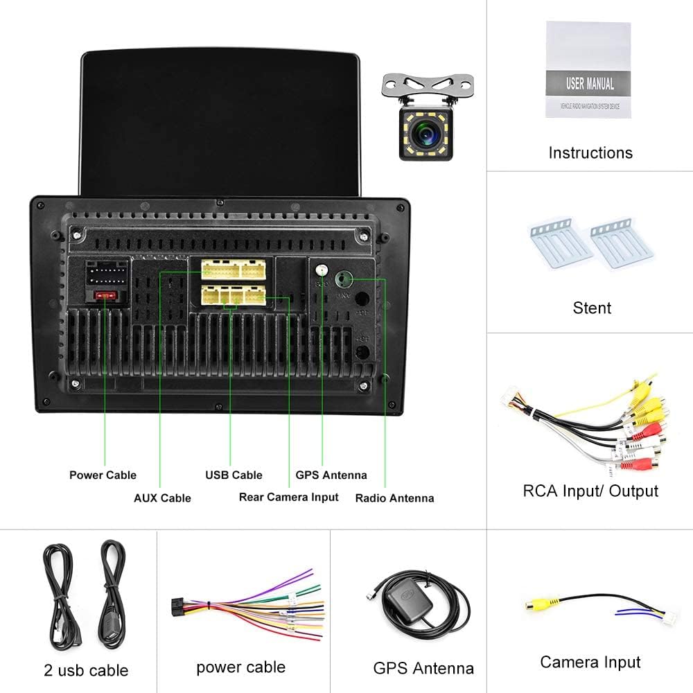 ຫລັງ view of the CAMECHO car stereo showing various ports and connectors for power, USB, GPS, and camera input.