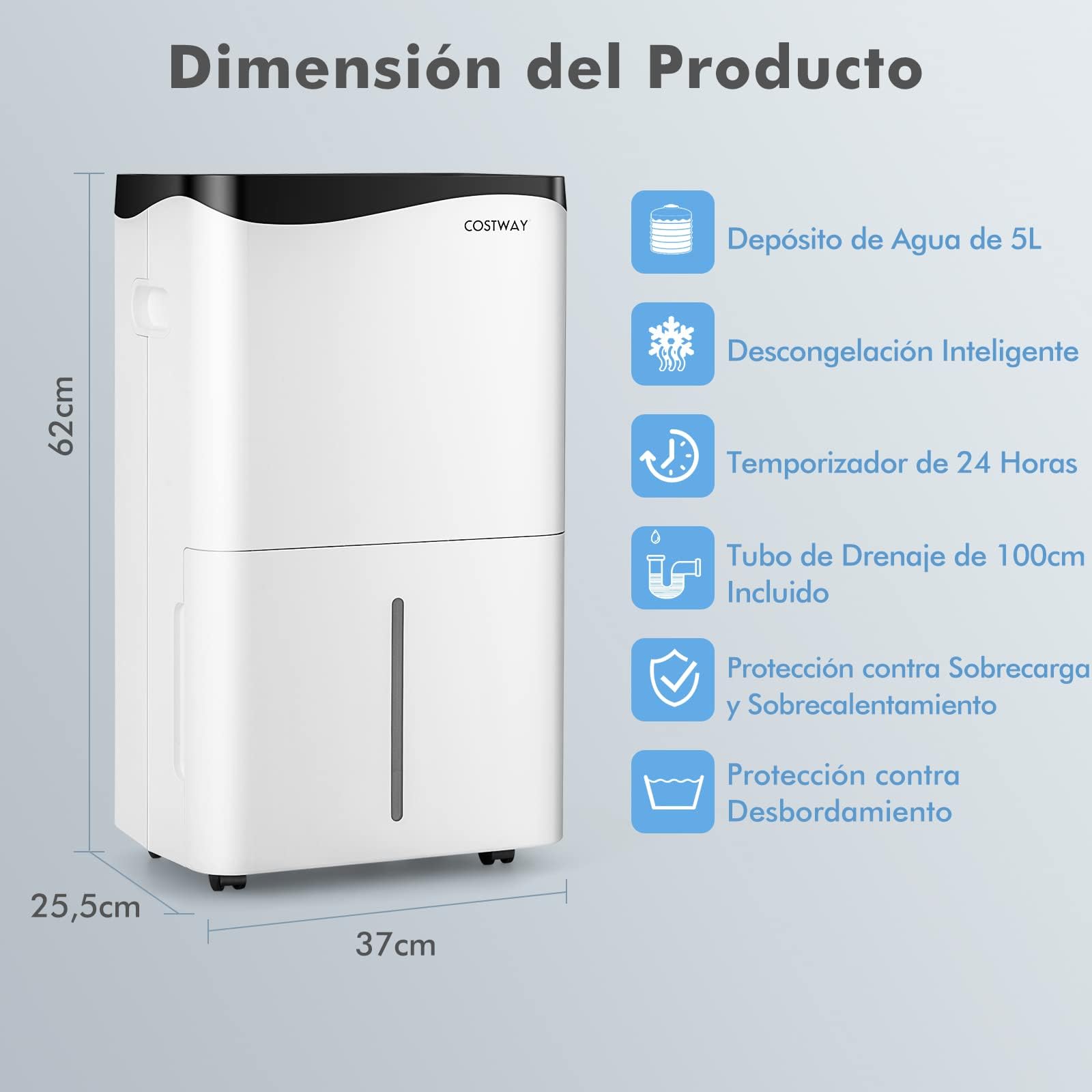 COSTWAY Deshumidificador Móvil, 50L/Día, Pantalla LED con Depósito de 5L, 4 Modos, 24h Temporizador, 2 Velocidades, Auto-Apagado, Deshumidificador Silencioso para Dormitorio Sala de Estar (50L/Day)