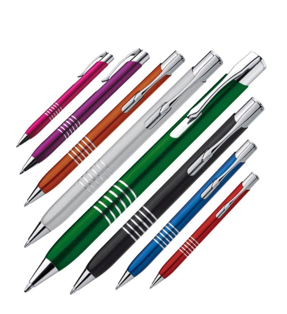 Bolígrafo de metal fucsia personalizado con grabado láser y carga azul