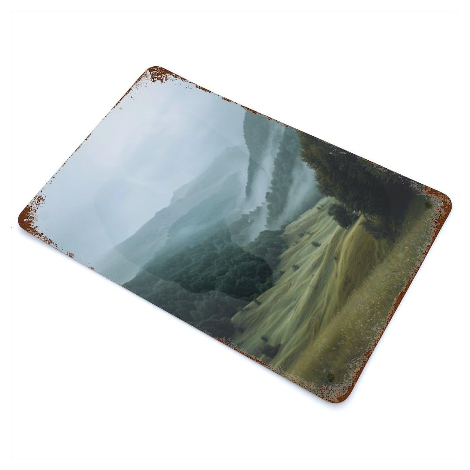 Retro Metal Sign with Misty Mountain Valley Design 11.8"x7.9", for Living Room, Hallway And Home Decor, Farmhouse Wall Decor