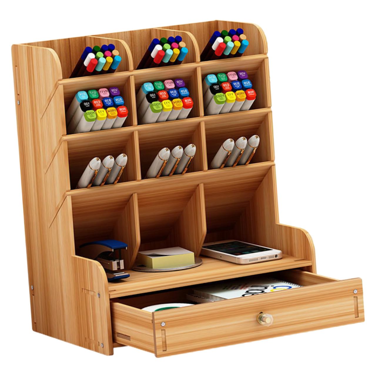 Cabilock Organizer Scrivania in Legno Massello con Scomparti Multipli Porta Penne Grande Capacità per Ufficio e Casa Design Semplice e Moderno in Ciliegio