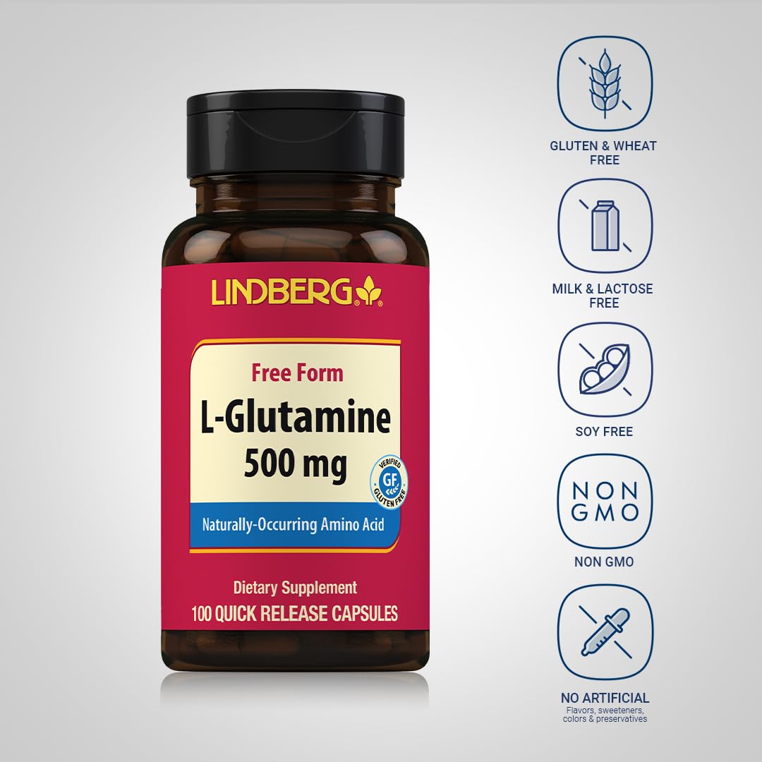 Amazon.com: Lindberg L Glutamine Capsules for Women and Men | 500mg | 100  Pills | Free Form Supplement