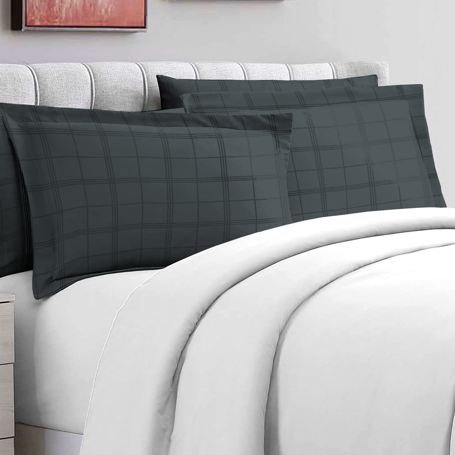 Pizuna Anthracite Grey Big Checked Bedding Cotton King Size Pillow Cases 2 Pc