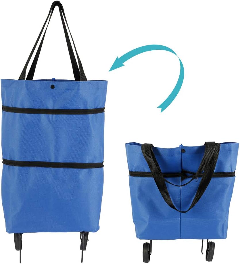 IKAAR Foldable Shopping Bag with Wheels, Collapsible Trolley Bag on Wheels for Women, Shopping Cart On Wheels Portable Shopper Bag Folding Tote Grocery Bags Blue