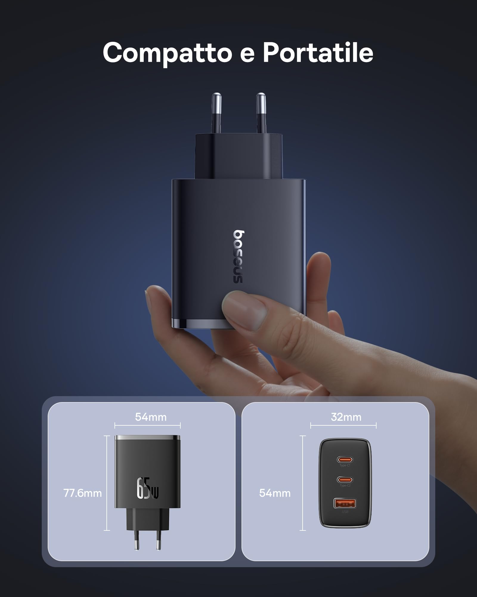 Baseus - Caricatore con USB C, 65 W, USB C, 3 Porte PD con PPS, al Nitruro di Gallio (GaN), per MacBook Pro/Air, Serie iPhone 16/15/14/13/12, iPad Pro, Galaxy S25 Ultra, S24-S20, ecc.