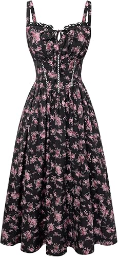 SCARLET DARKNESS Women Floral Dress 2026 Summer Corset Sundress | Square Neck, Ruched Bodice, Smocked, Pockets, Flared A-Line, for Wedding Guest, Vacation, Beach, Boho - Medium - Black Pink Floral