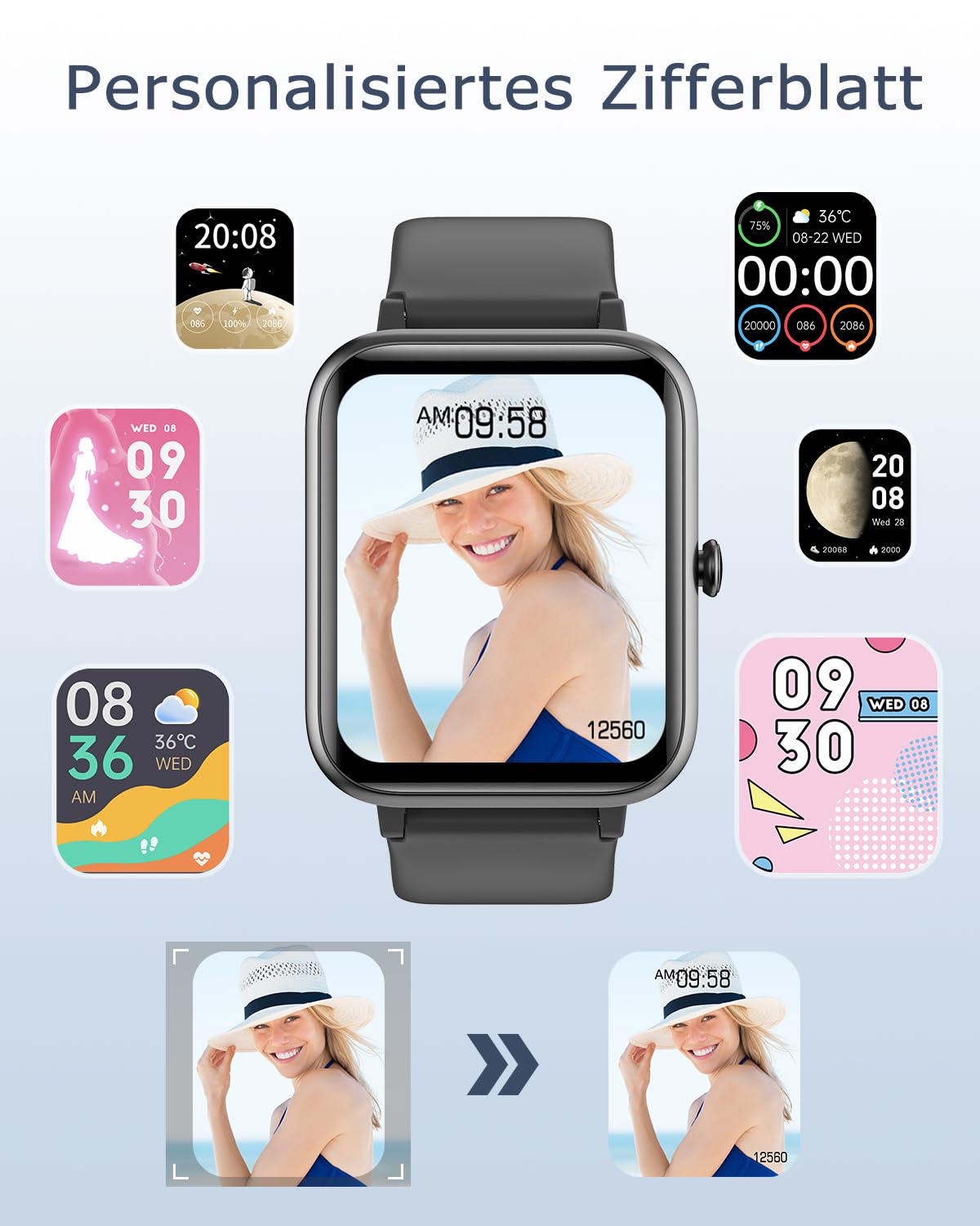 GRV Smartwatch Damen Herren 1.85" HD Fitnessuhr Telefonfunktion SpO2 Herzfrequenz Schlafmonitor Schrittzähler KI-Sprachsteuerung 100+ Sportmodi IP68 Wasserdicht iOS Android
