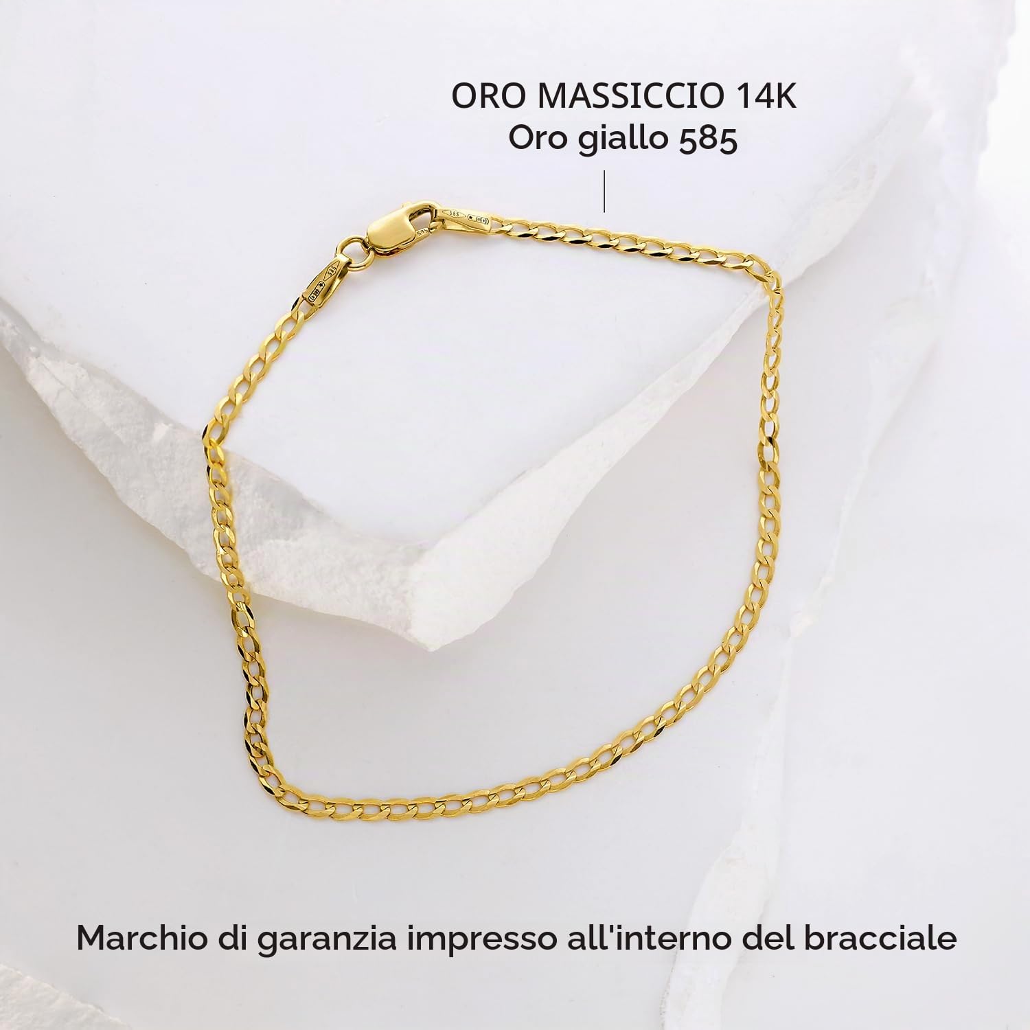 forme di Lucchetta - Braccialetto Oro Regolabile fino a 19cm | Oro Vero Giallo 14 kt Grumetta Effetto Diamantato 2mm, Abbinabile ai Charm