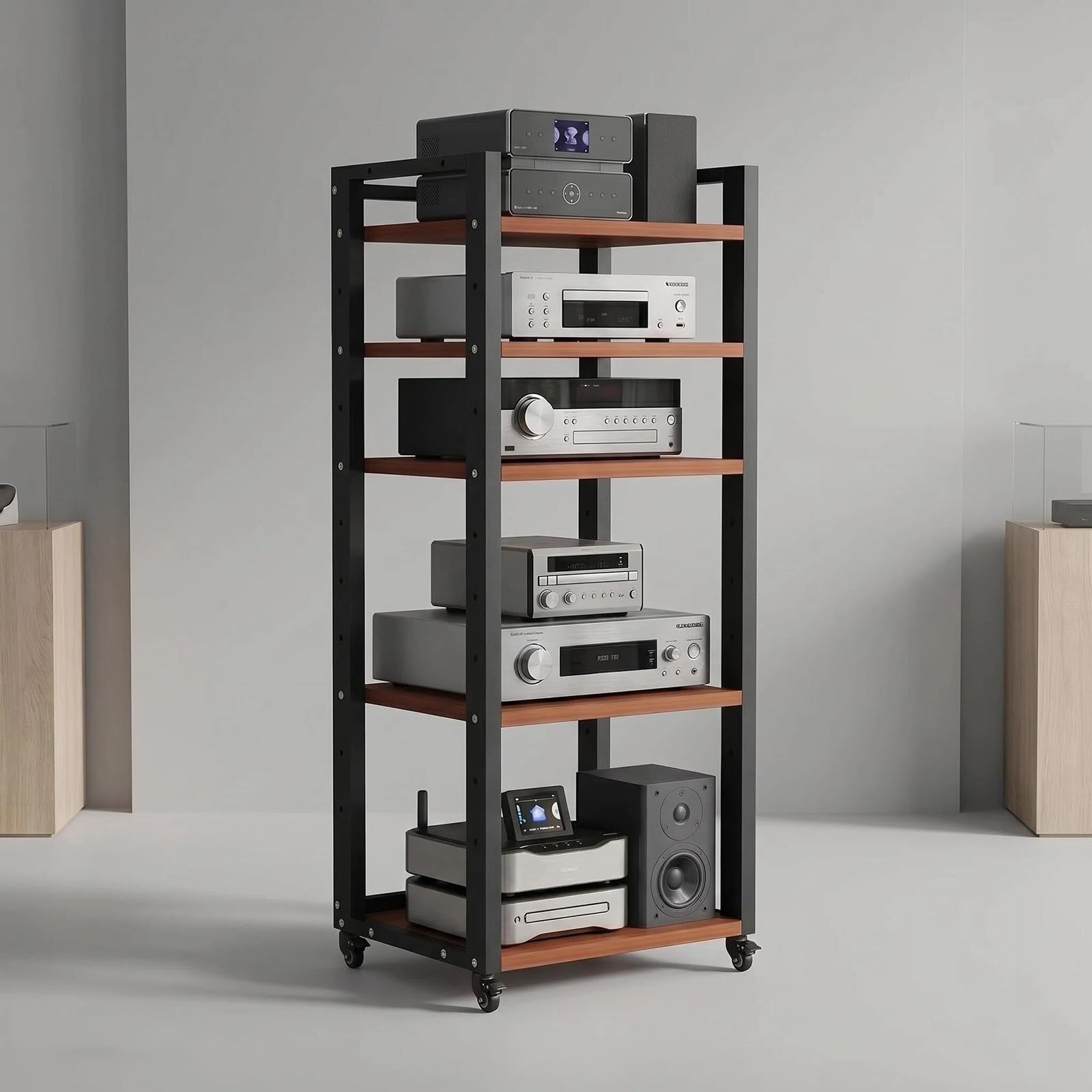 Étagère audio vidéo HiFi 5 niveaux avec armoire d'équipement stéréo réglable sur roulettes