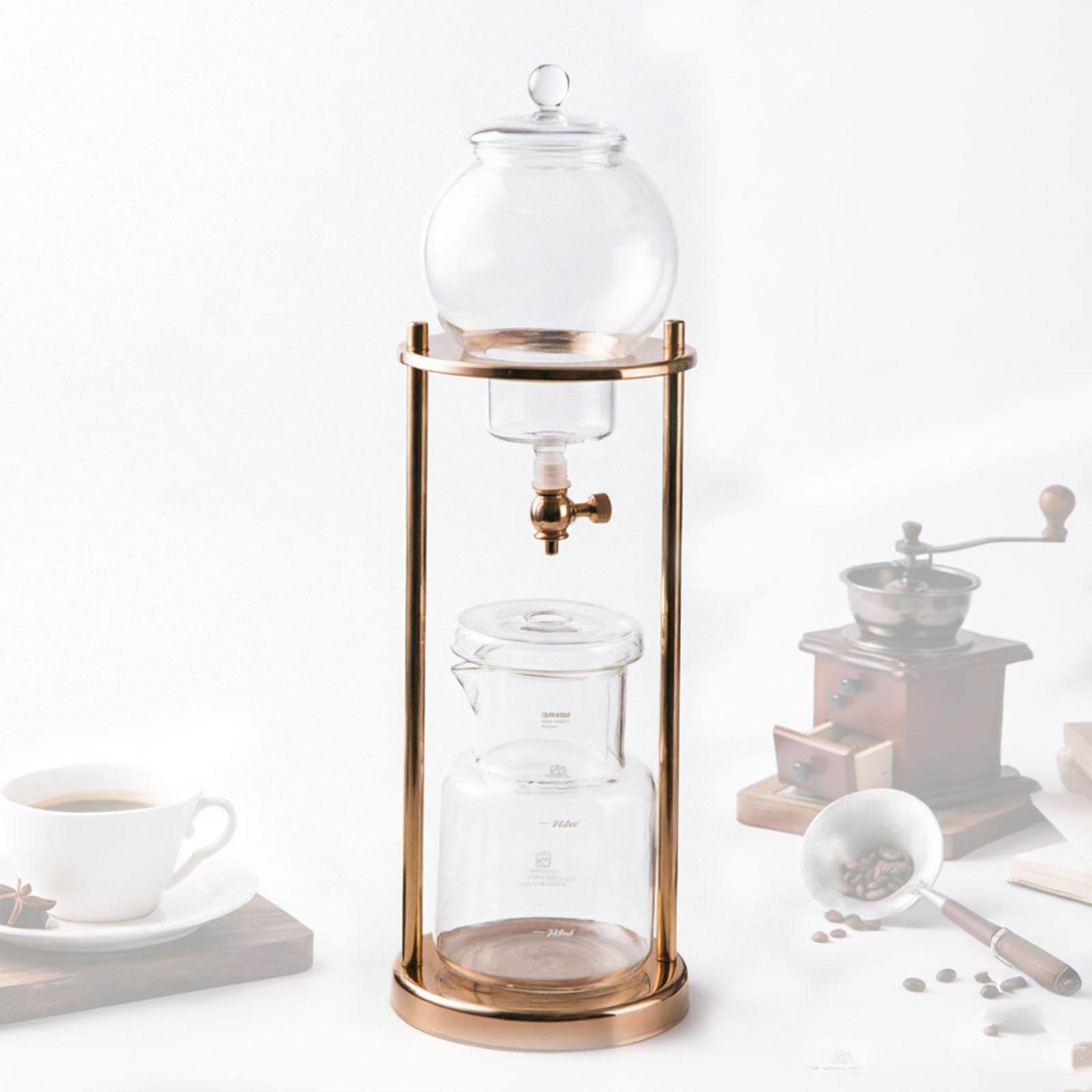 VILA SMO 1l Cold Brew Drip Coffee Maker, Cold Brew Drip Tower, Slow Drip Extraction System, Borosilicate Glass Pot, Stainless Steel Bracket And Adjustable Valve, For Home, Office, Cafe gold