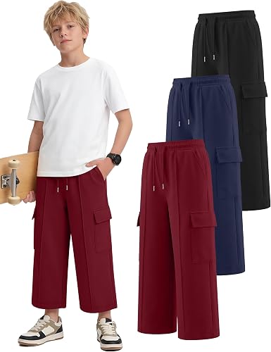 Langyiwee 3 Pack Boys Capri Pants Drawstring Elastic Waisted Teens Cargo Joggers