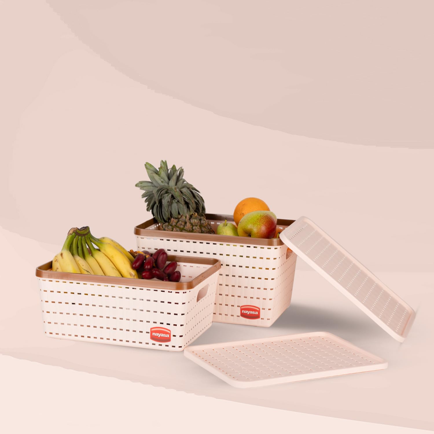 Nayasa Gloria Basket for Storage | Vegetable & Fruit Basket | Storage Box and Organiser Plastic Basket with Lid | Multipurpose Kitchen Organizer Rack | Big & Medium - Set of 2 | Peach - Image 4 thumbnail