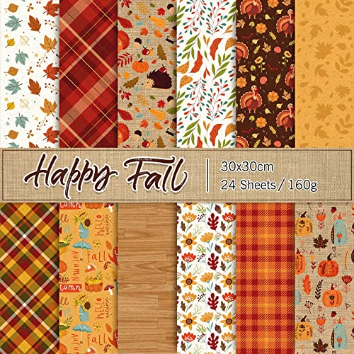 Whaline 24Pcs Fall Thanksgiving Pattern Paper Colorful Fall Leaves Pumpkin Plaid Double-Sided Scrapbook Specialty Paper for DIY Card Making Photo Album Junk Journal Decor 11.8 x 11.8inch