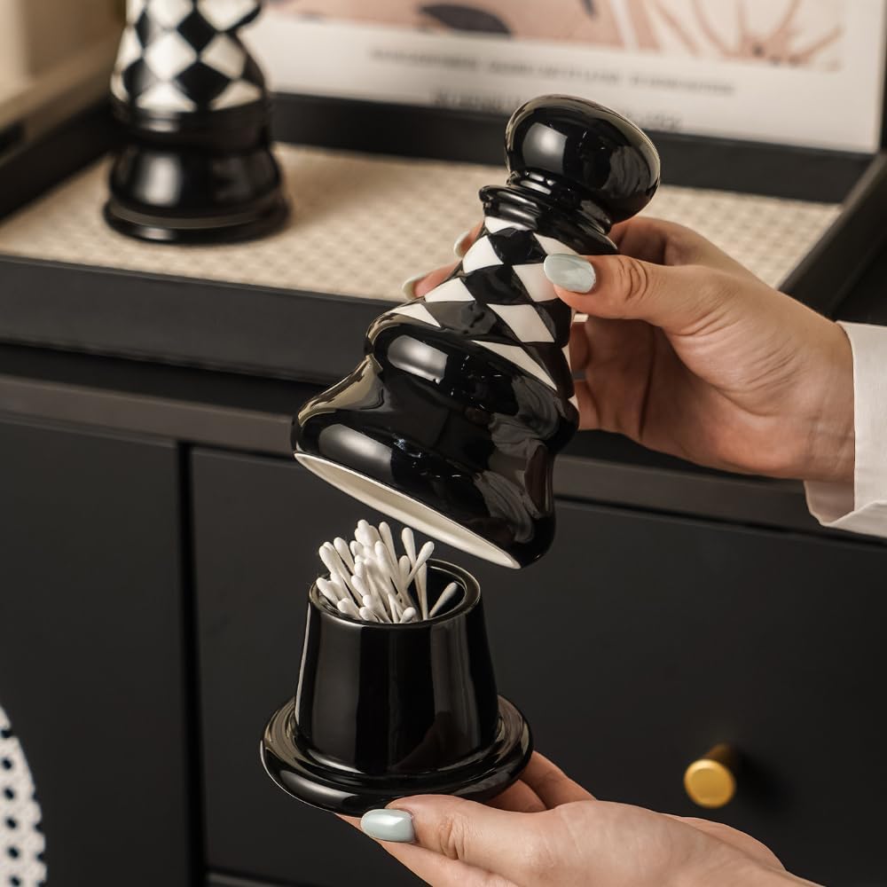 Toothpick Jar Ceramic Chess Home Living Room Dustproof Dental Floss Cotton Swab Storage Black And Checkered Desktop Box (Soldier)