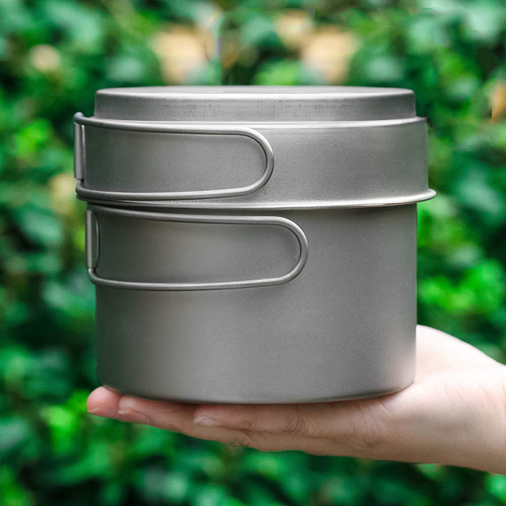 Lixada Zestaw garnków z czystego tytanu, 1100 ml / 1600 ml + patelnia 350 ml / 500 ml, Φ125 x 102 mm, ze składanym uchwytem, na kemping, wędrówki (1600 ml + patelnia)