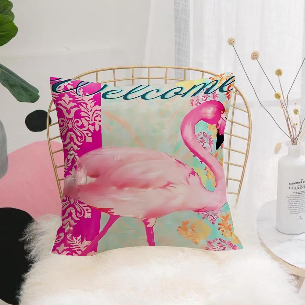 HYMSXW Cushion Cover,Throw Pillow Case Home Decorative for Living Room Bedroom Sofa Chair 20X20 Inch,Flamingo, flamingo welcome decoration with retro contrasting color pattern,Pillowcase 50X50cm
