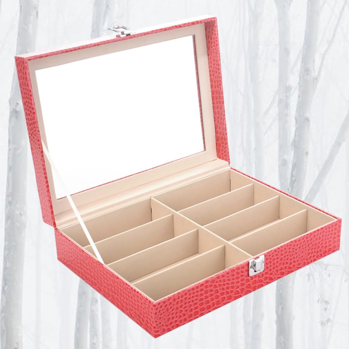 Brillen Aufbewahrungsbox mit 8 Fächern aus Pu und Mdf mit Glasdeckel