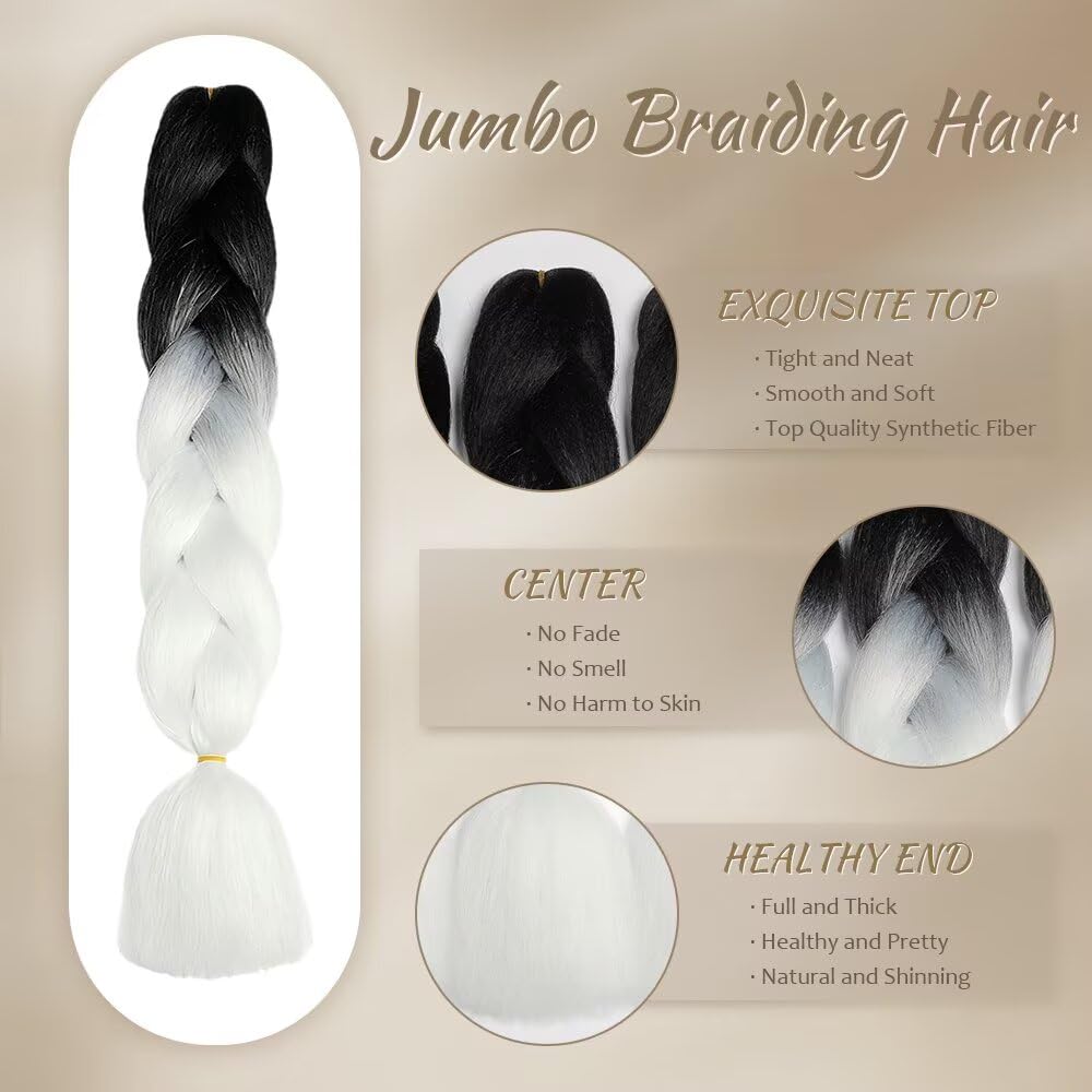 ShowJarlly Treccia Africane Extension 24", Treccia Capelli, Ombre Jumbo Treccia Capelli Fibra treccia di scatola, Per Crochet Twist Intrecciare I Capelli (Nero/bianco) - 4