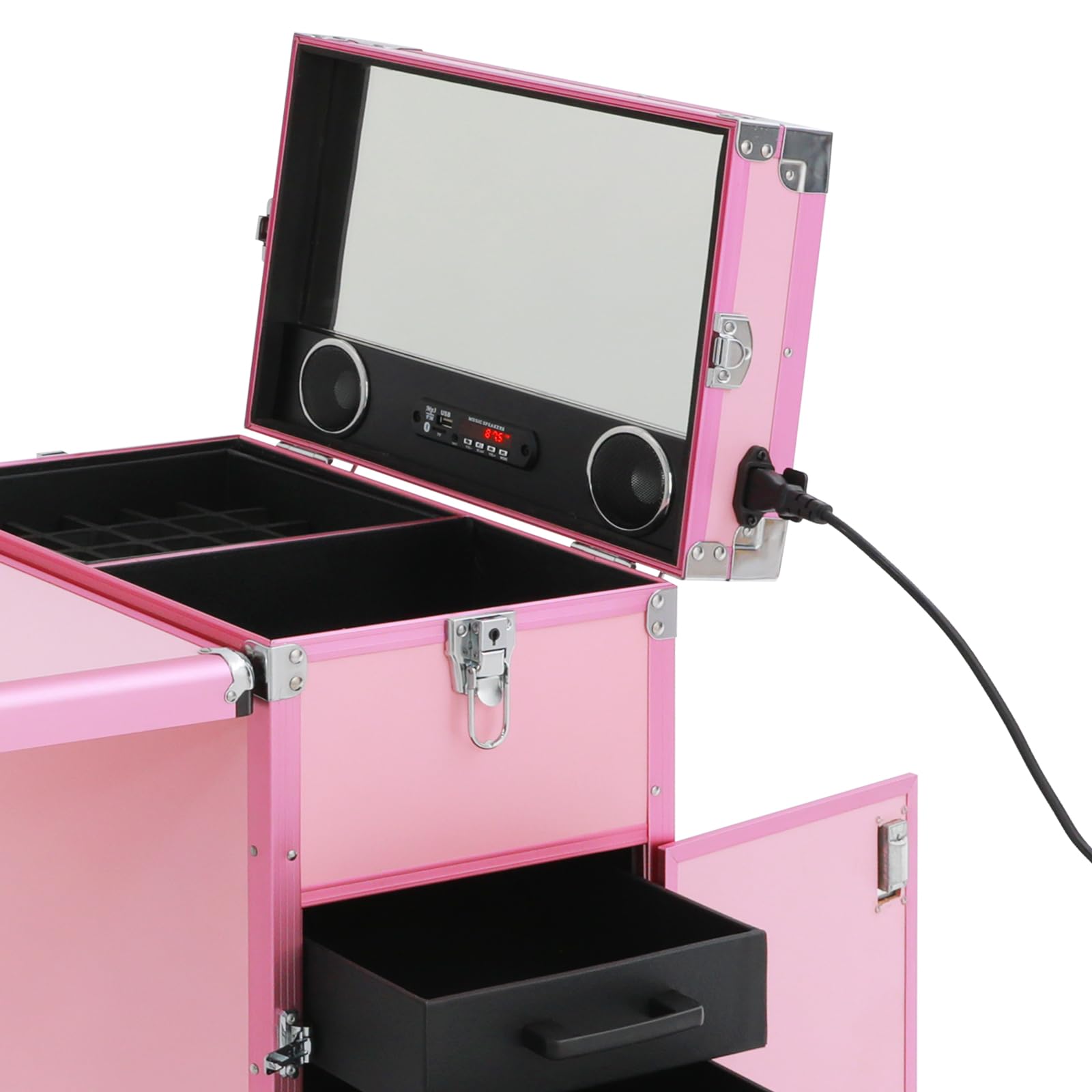 Kosmetik Trolley mit Tisch und 4 Schubladen, Tragbarer Nageltisch | Mobiler Manikürtisch mit Rollen, Faltbarer Reise-Nageltisch für Mobile Beauty-Studios und Outdoor-Einsatz