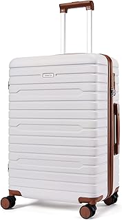 Checked Luggage 24 inch, 100% PC Large Suitcase with Wheels, Hardside Suitcase TSA Approved Medium Hard Case Travel Luggage (Beige)