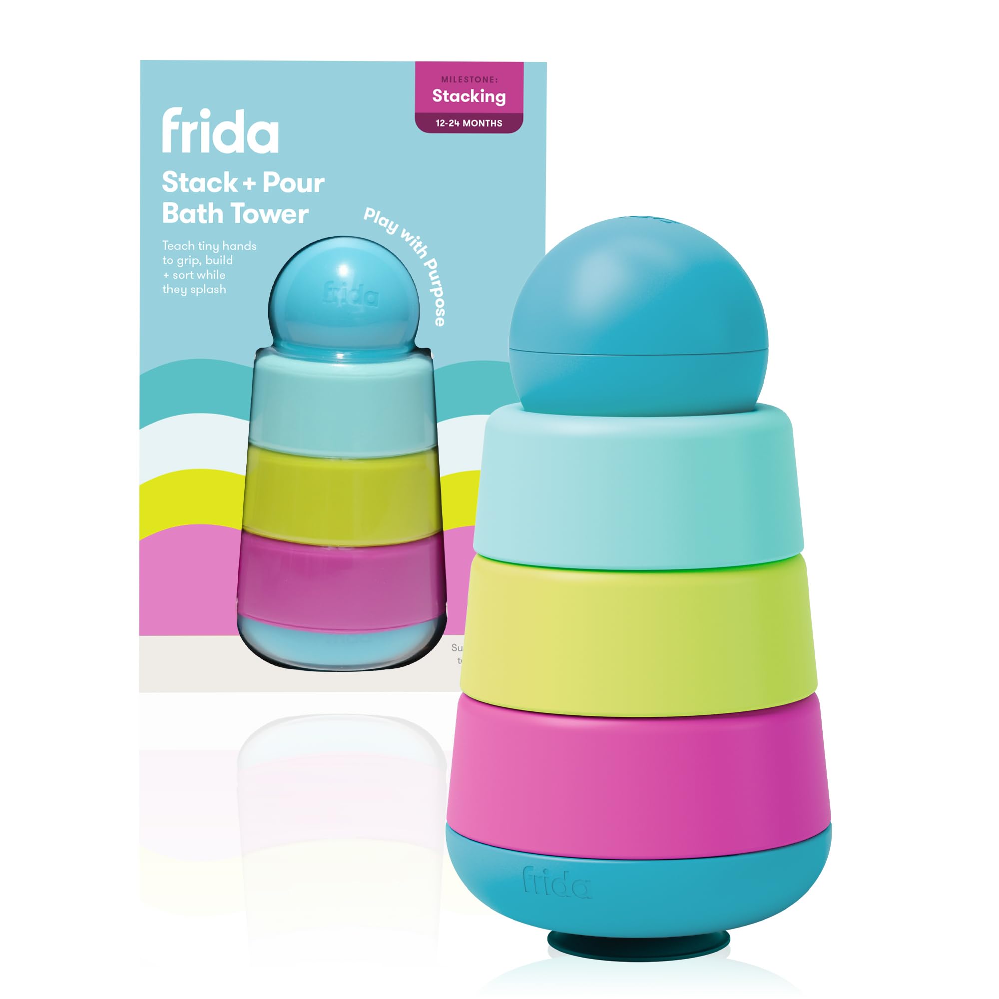 Frida Baby Stack Pour Bath Tower Bath Toy Bath Toys for Toddlers Teaches Child to Grasp Stack Scoop