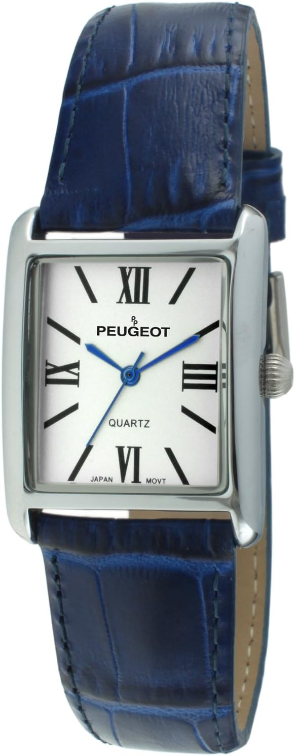 Peugeot Women's Silver-Tone Tank Shape Leather Dress Watch with Roman Numerals, Blue