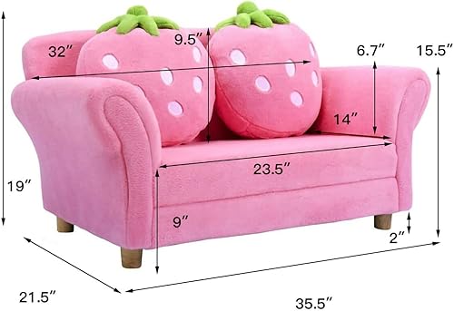 Miniatura 3 de TUOCHUFUN Sofá para niños, con 2 bonitas almohadas de fresa, sofá para niños, silla con reposabrazos dobles, cama para niños pequeños 2 en 1, marco