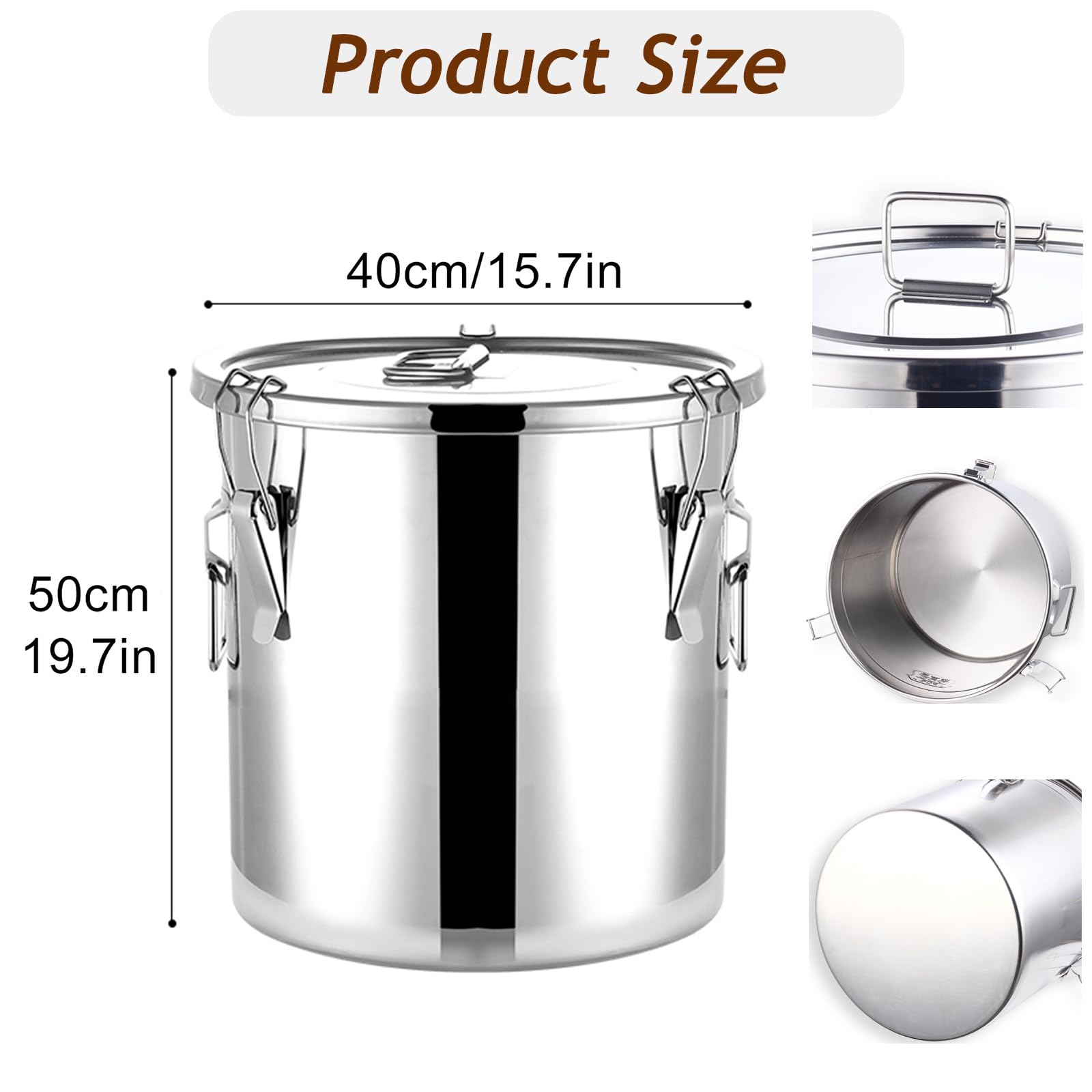 Lot de boîtes hermétiques en acier inoxydable de 66 L – Boîtes de rangement alimentaire avec pince de verrouillage pour riz, céréales, huile, lait, vin et eau – Organiseur de cuisine idéal – Argenté