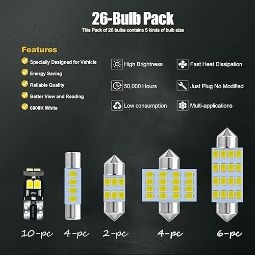 Miniatura 5 de Paquete de 26 bombillas LED blancas de 6000 K de 12 V DE3175 6411 T10 2825 6612F 6615F 1.220 in 1.614 in para mapa interior de coche, camión,