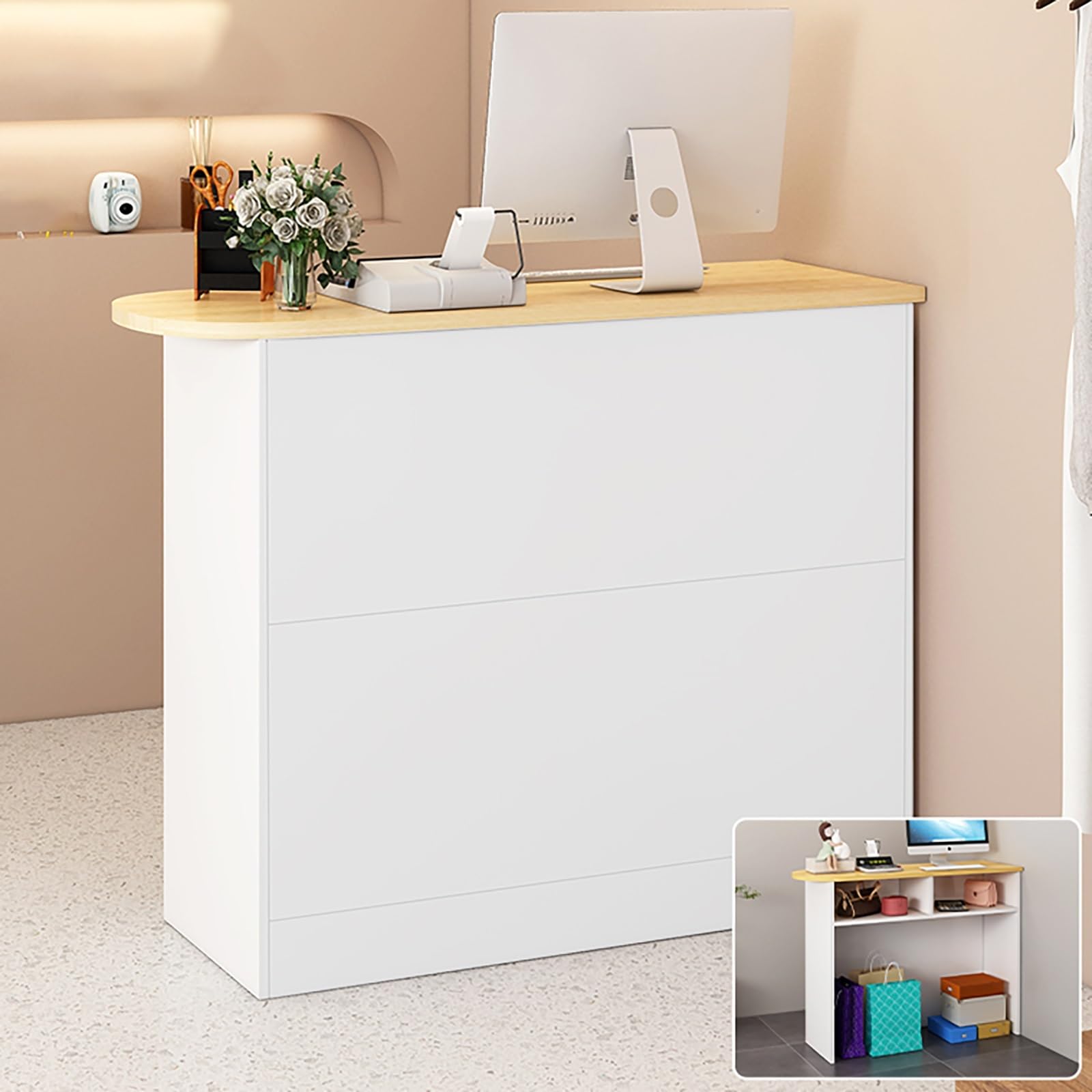 Luxurious Modern Oval Desktop Reception Counter Small Front Desk for Salon & Office Checkout (Brown 80cm/31.4in)