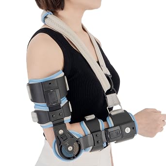 Hinged ROM Elbow Brace - Adjustable Post Op Elbow Brace Stabilizer Splint with Strap Sling Arm Injury Recovery Support After Surgery for Men Women Right, Gray