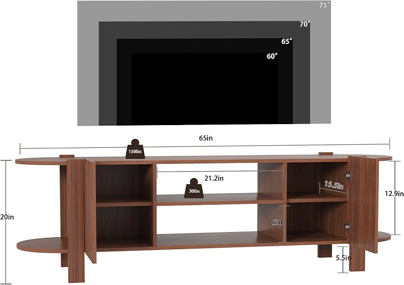 65 Inch TV Stand for Up to 75 inch TVs, Fluted Entertainment Center with Adjustable Shelve, Curved Round Corner TV Console Table with Storage for Living Room, Bed Room (Walnut Color) image 2