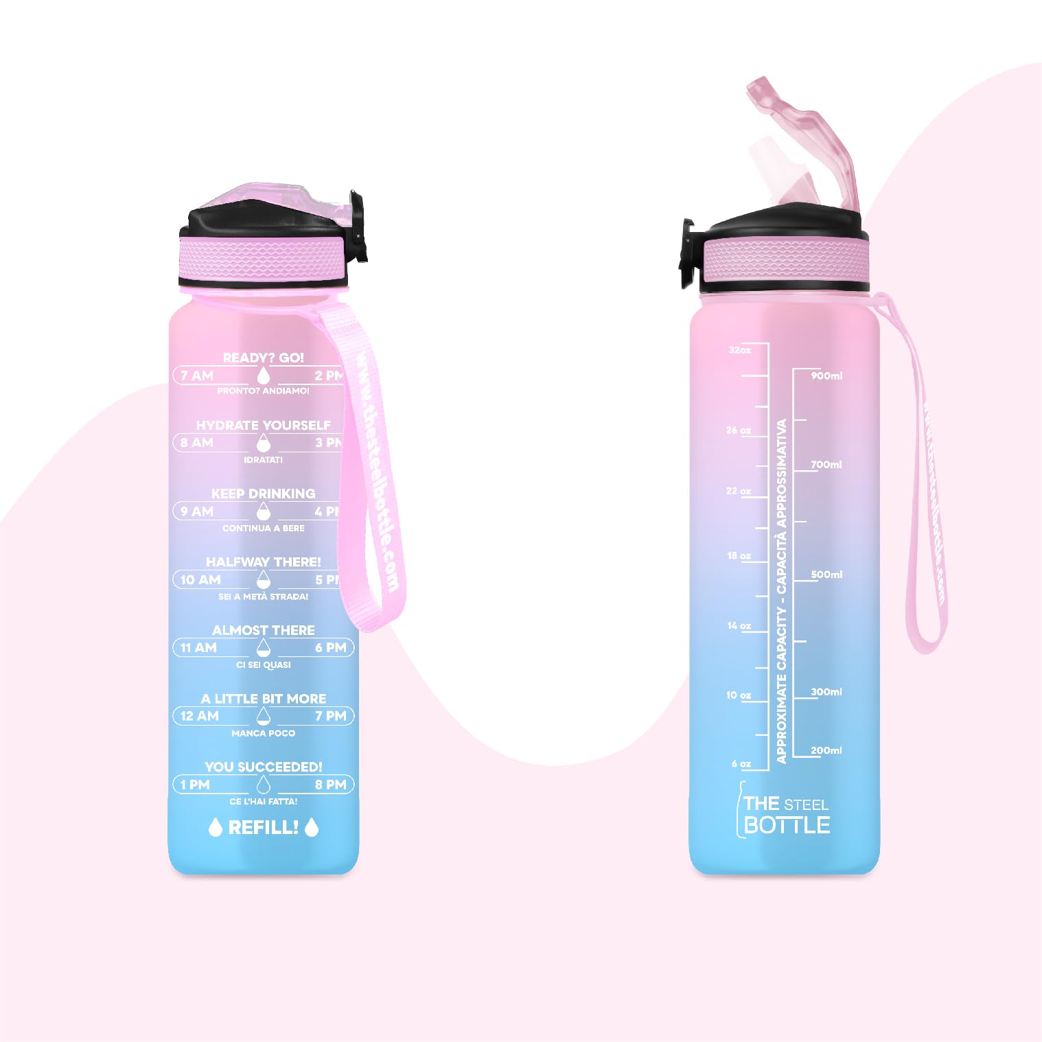 THE STEEL BOTTLE - Botella de agua motivacional deportiva de 1 litro con niveles e indicador de tiempo, pajita y franjas horarias - BPA y Phthalate Free - cierre hermético (Ice Blue & Pink)