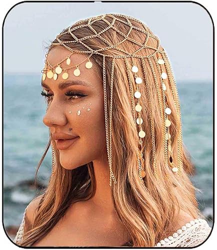 Yean Diadema de lentejuelas doradas para adultos, joyería bohemia para el cabello, borla para festival, disfraz para mujeres y niñas