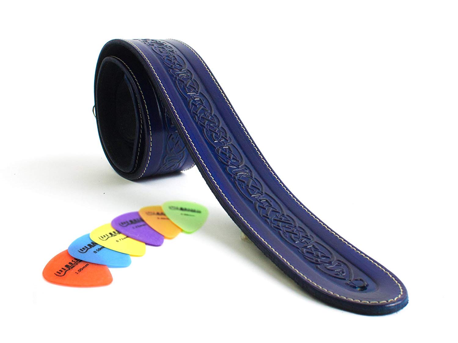 Celtic Knot Design Real Leather Guitar Strap - Blue