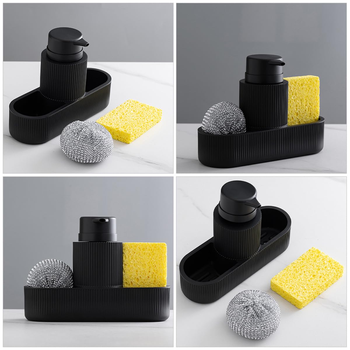 Dispenser di Sapone e Porta Spugna per Lavello Cucina Set Completo Erogatore a Pompa Nero Controllo senza Sforzo per Detersivo Piatti Organizzatore Lavaggio a Mano