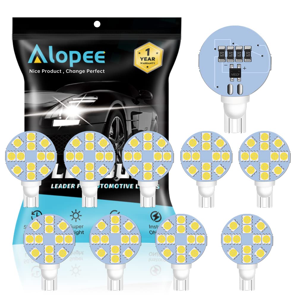 Alopee - 10-Pack Warm White 3000K 194 T10 921 192 Super Bright 5050 12-SMD Wedge 12V Daylight Lamp For Boat RV Trailer Camper Motorhome Ceiling Dome Interior Light Boat Car Mape Dome Light