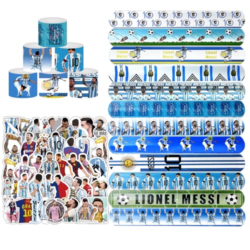 Soccer Star Champion Party Set 24pcs Slap Bracelets & 50pcs Stickers Football Legend Theme Party Favors for Birthday Gifts and Party Supply Favor