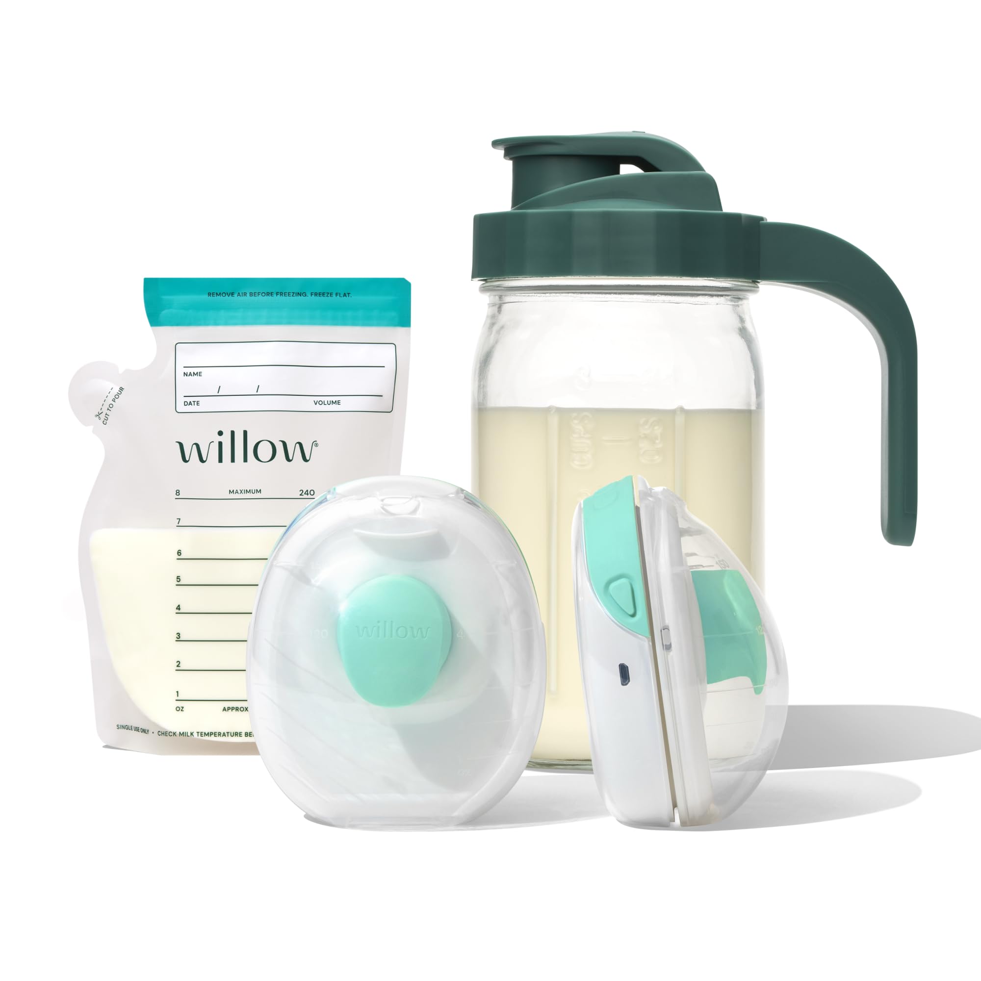 Extractor de leche Willow Go Double con manos libres, bolsas de leche y jarra de leche de vidrio