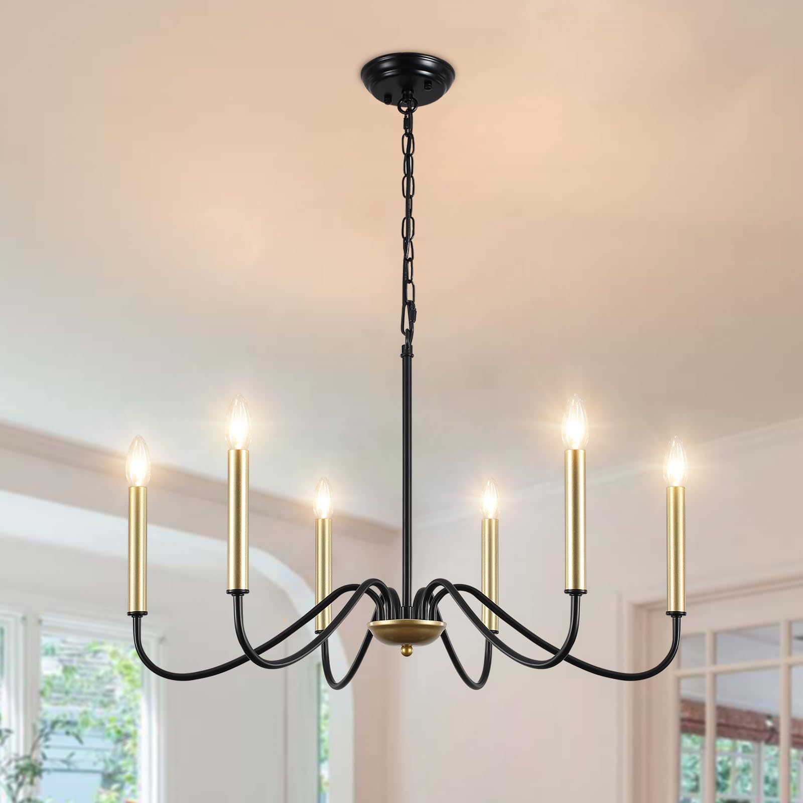 Lamparas de Techo Salon, 6 Luces Lámpara De Araña Negro Dorado, E14 Lampara Colgante Velas Clásico Moderna, Industrial Lampara Vintage Techo Para Dormitorio, Cocina, Comedor, Pasillo, Entrada