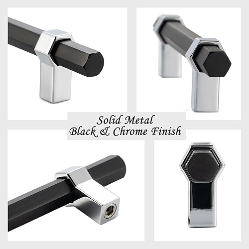 Miniatura 4 de Paquete de 1 unidad AP1310 de 10 pulgadas, barra hexagonal negra y mango cromado para gabinete de cocina, herrajes sólidos para cajones, aparadores,