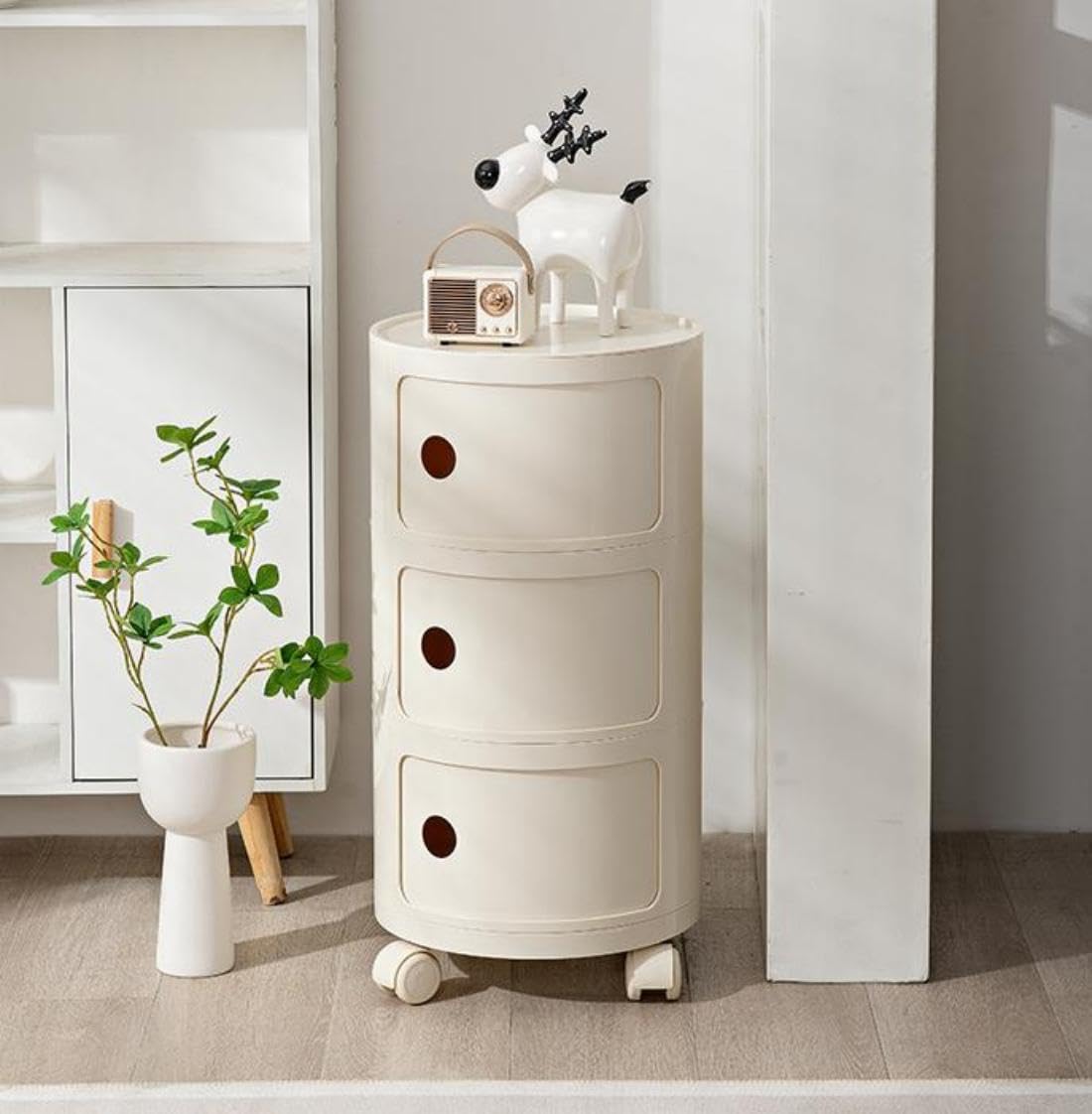 SXZenSpace 3-Tier Rolling Cabinet, Modern White Nightstand with Sliding Doors, Stackable Accent Table for Living Room & Bedroom, Mobile Storage Solution, Stylish and Functional
